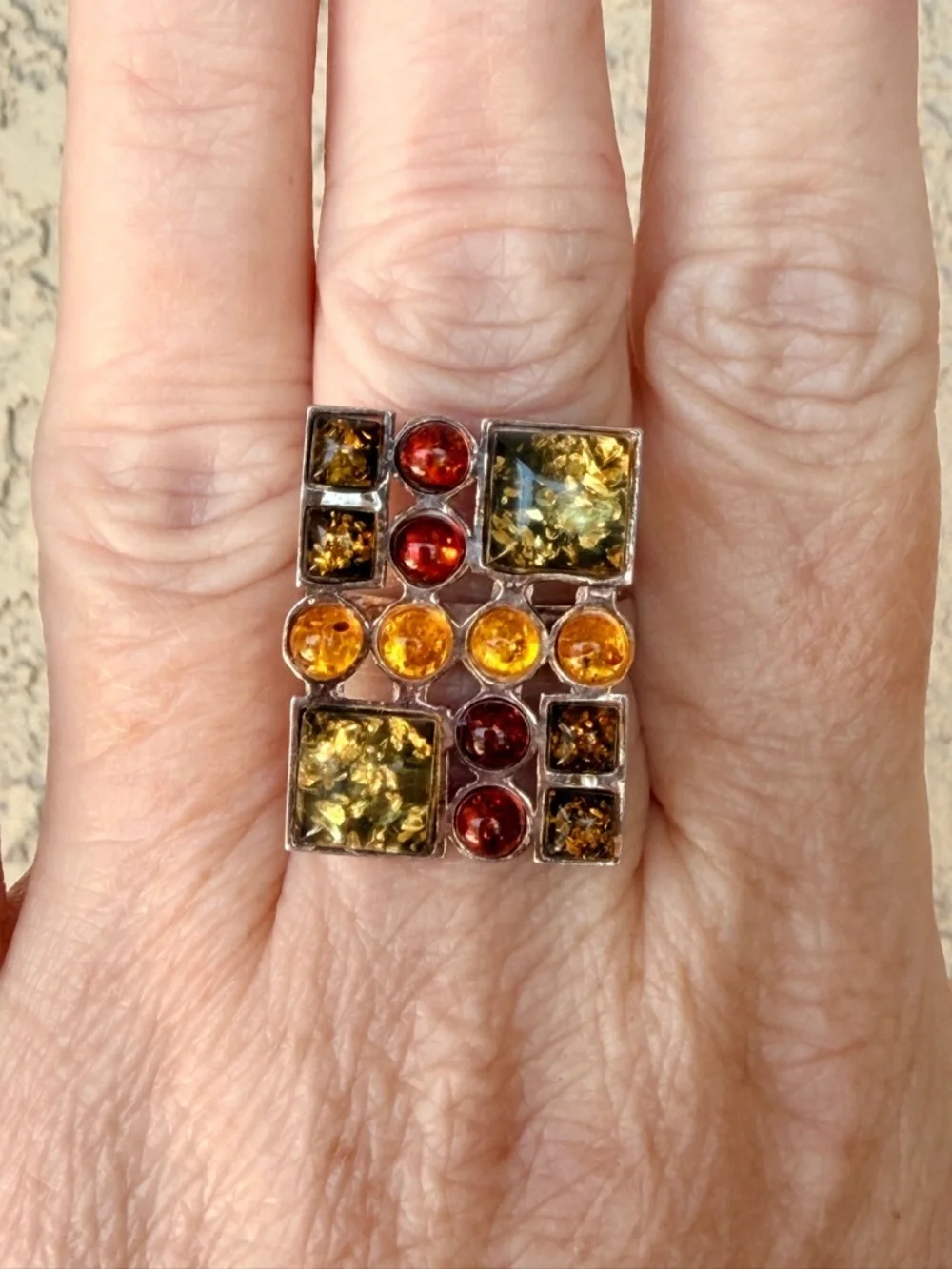 Geometric Silver Multi-Stone Amber and Cognac Ring